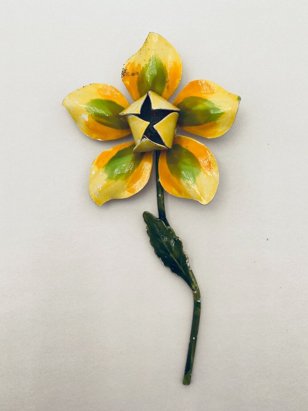 Vintage Enamel Metal Flower Brooch Mid Century Yellow & Green Daisy Pin